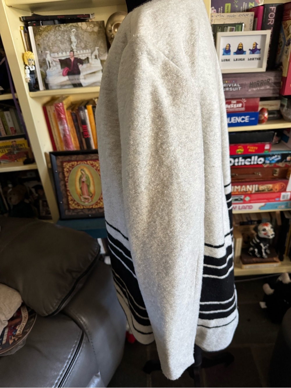 Lolë Women’s Medium Wool Blend Long Sweater Coat Gray Black Striped Pockets